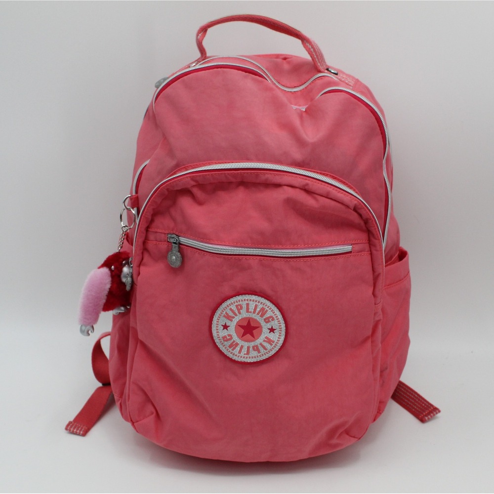 Kipling Seoul Extra Large Laptop Backpack Coral Pink Nylon Monkey Keychain Bag